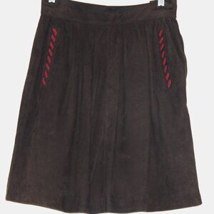 Yves Saint Laurent VTG Skirt Brown Suede Leather Red Whipstitch France Size 38